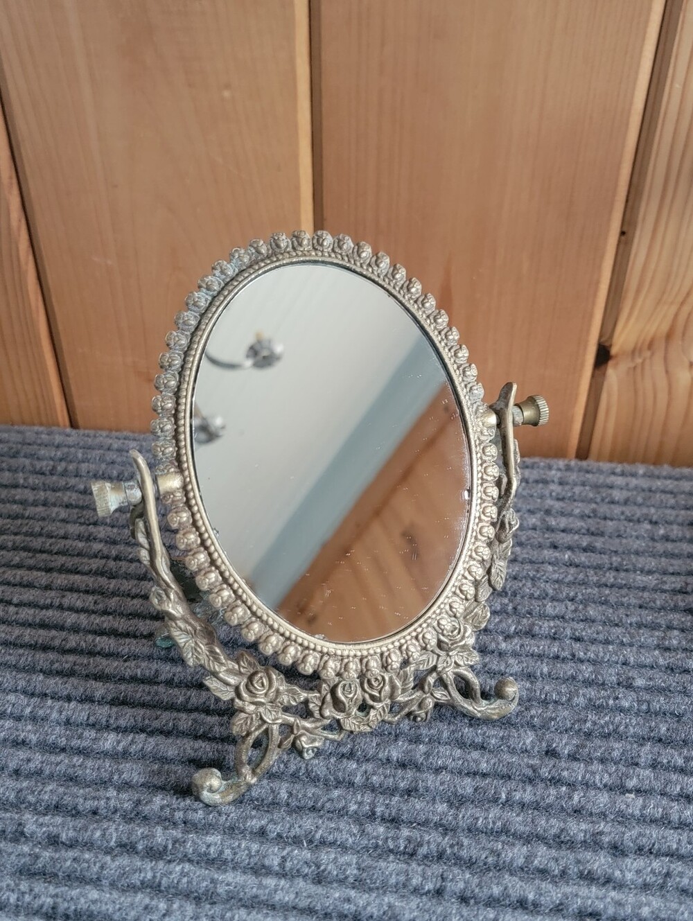 Vintage Brass Vanity Makeup Mirror Swivel Oval Ornate, French Rose